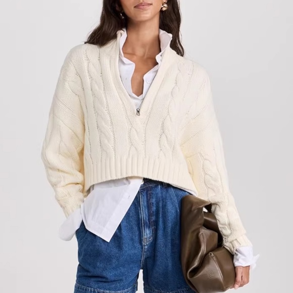 STAUD Cropped Hampton Sweater Knit Top - Ivory Zip Up Causal - Picture 3 of 8